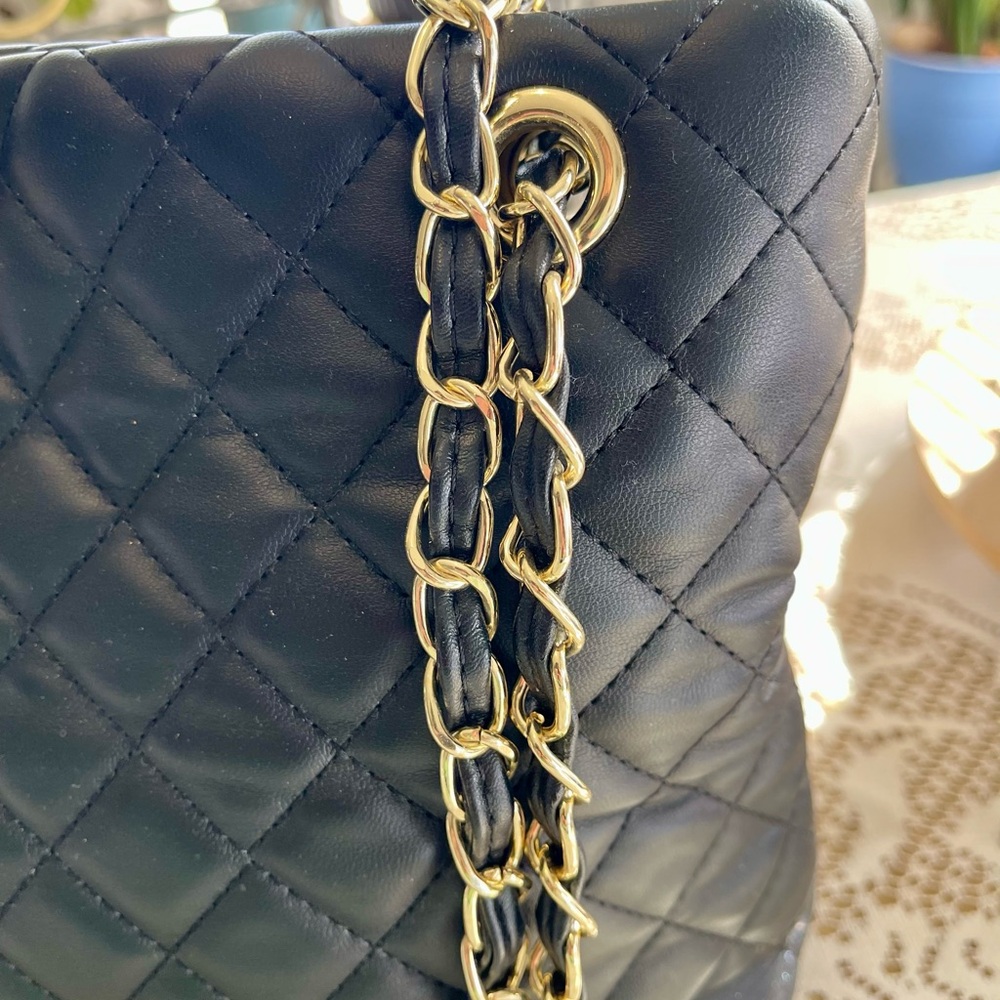 Fashion Inspired Black Quilted Shoulder Bag with Gold Chain - Picture 2 of 11